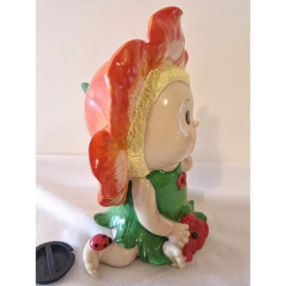 Flower Girl Fairy King Max Piggy Bank Ceramic 6 3/4" Orange Red Green - Picture 2 of 9